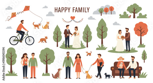 Large collection of happy family illustrations featuring activities like weddings, cycling, walking dogs, and enjoying the outdoors.
