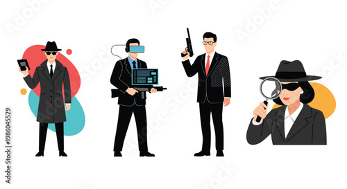 Set of professional secret agents and spies in suits, featuring a detective with a magnifying glass and agents with high-tech gear.