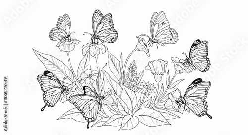 Delicate line art of butterflies perched on blooming flowers and foliage