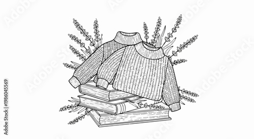 Cozy knit sweaters on stacked books with lavender sprigs