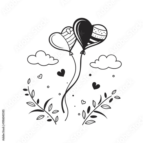 Heart balloons, love symbols, black line art, romantic illustrations, wedding decorations