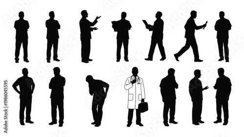 A collection of black silhouette figures depicting various people in different poses and professions high quality