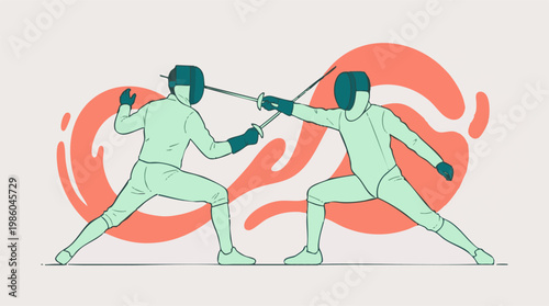 Two fencers in a dynamic match with foils, minimalist flat illustration