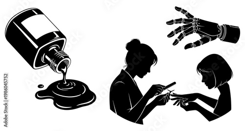 Nail polish spill with manicurist and robotic hand silhouettes against white background