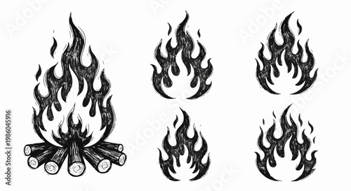 A stylized black and white illustration of a campfire and four smaller flames