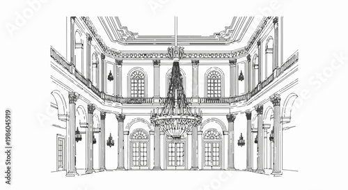 Ornate interior, classical building, grand chandelier, arched windows, pillars