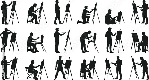 Artist painting silhouettes collection, people drawing on easel in various poses, creative painter figures set, black vector illustration for art studio, education and design projects