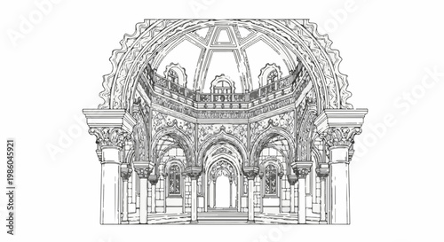 Ornate interior of a domed building with arched doorways and decorative columns