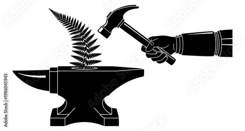 Silhouette of a hand with hammer striking fern on anvil during forging