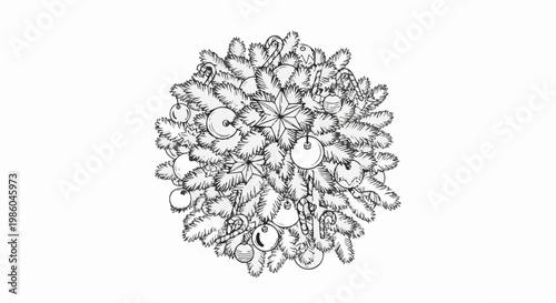 A sketch of a festive Christmas tree branch adorned with ornaments and candy canes