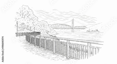 A sketched walkway with railing curves along a waterfront with a bridge and ship