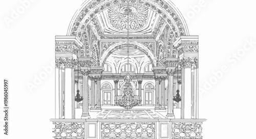 Ornate interior with grand chandelier, arches, columns, and detailed ceiling