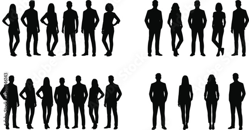 Collection of standing people silhouettes, male and female full body figures, diverse human poses, black vector set for business, fashion, social media and design projects