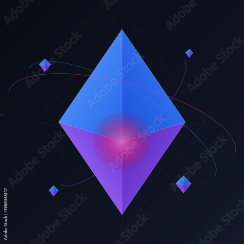 Abstract quantum computing data core with glowing light and orbiting energy particles in isometric 3D Illustration