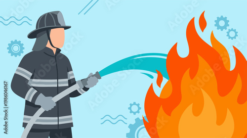 Firefighter putting out a fire with a water hose, flat vector illustration