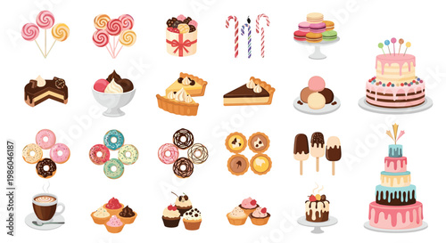 Delicious collection of assorted desserts including cakes, donuts, pastries, tarts, and ice cream for bakery and confectionery themes.