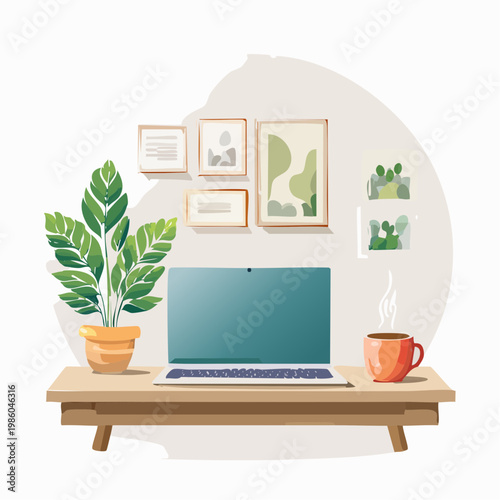 Ein gemütliches Home-Office-Setup mit einem geöffneten Laptop und einer Tasse Kaffee auf einem aufgeräumten Schreibtisch