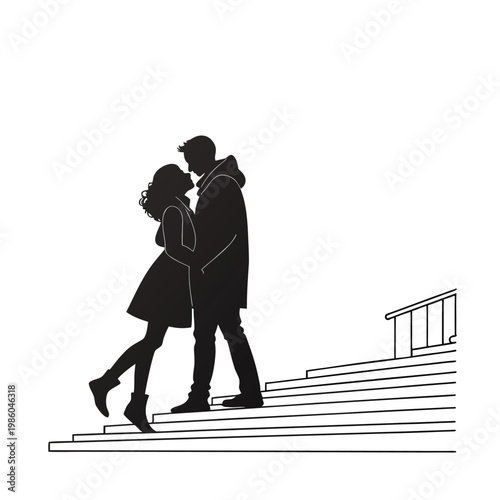 Romantic Couple Kissing on Stairs, Silhouette Vector, Black and White Illustration, Love and Relationship Concept