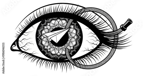 Paper airplane in eye silhouette with mandala pattern and hose