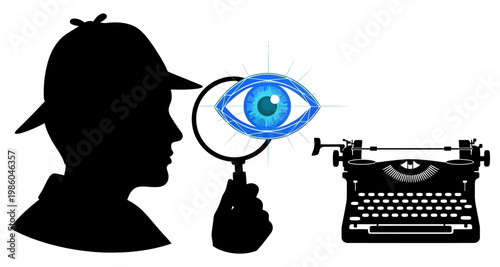 Detective silhouette examining typewriter with glowing eye during investigation against white background
