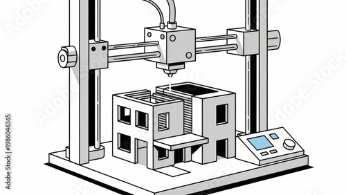 3D Printer Constructing Modern House Model - Innovative Construction and Architectural Technology Illustration