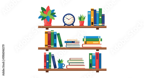 Tidy wooden bookshelves featuring colorful books, potted plants, and a clock, illustrating a home library or office organization.