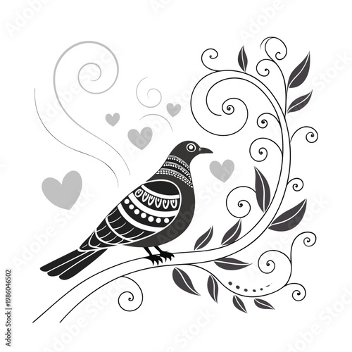 Black and white bird illustration, heart decorations, ornate branch, vector graphics, love symbol