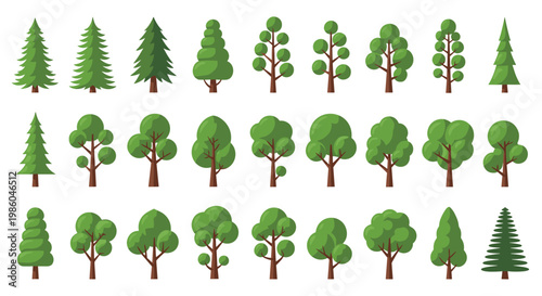 Extensive collection of twenty seven different tree illustrations in various styles and green shades in a grid layout.