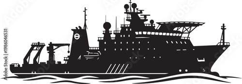 Black cargo ship, industrial vessel, nautical icon, silhouette illustration, vector graphics