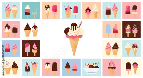 Large collection of diverse ice cream treats including cones, bars, and sundaes in colorful squares for summer and dessert menus.