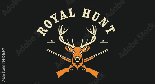 Vintage-style Royal Hunt logo featuring a majestic deer head with large antlers positioned over crossed hunting rifles on dark.
