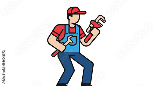Friendly Plumber Handyman Vector Illustration Holding Pipe Wrench and Spanner Isolated on White Background