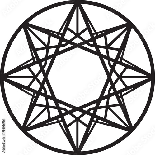 Geometric pentagram symbol, black line art, mystical star, circular design