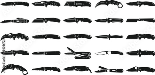 Knife silhouettes collection, various folding and tactical blade designs, black vector set of pocket knives and tools for survival, outdoor, utility and design illustration use