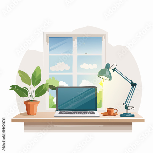 Ein gemütliches Home-Office-Setup mit einem geöffneten Laptop und einer Tasse Kaffee auf einem aufgeräumten Schreibtisch