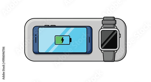 A smartphone and smartwatch are shown charging on a wireless charging pad