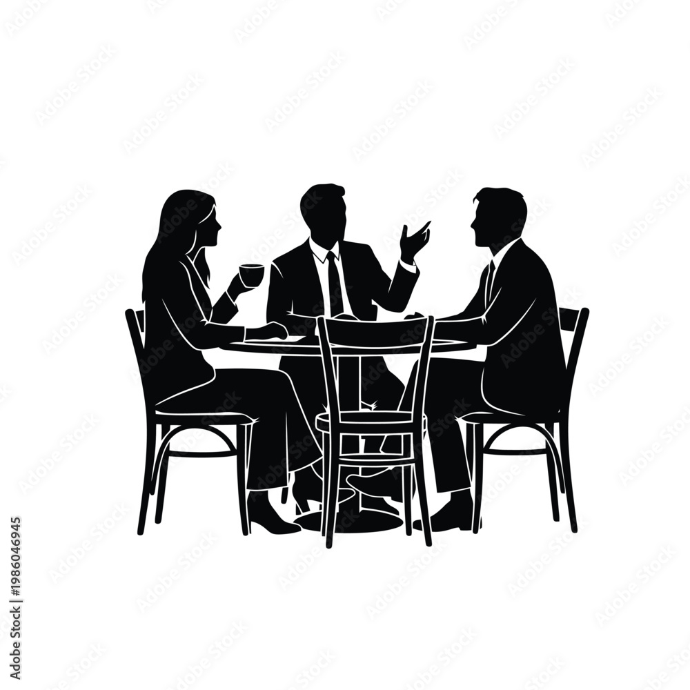 Obraz premium Business Discussion Silhouette at Table, Corporate Meeting and Coffee Conversation Vector Illustration