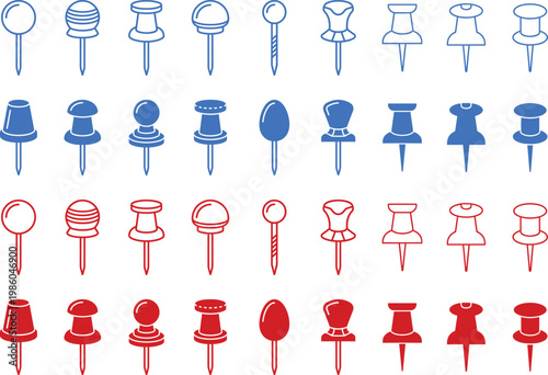 Large set of push pin and thumbtack icons featuring diversas mapping and office styles in flat vector.