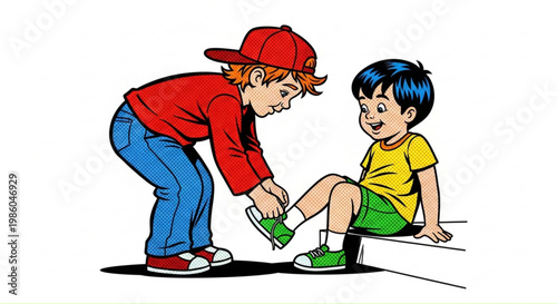 Two boys playing together while tying shoelaces on a colorful background  