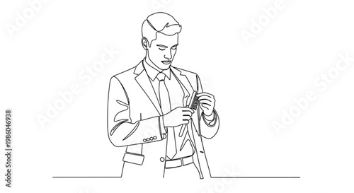 Man adjusting suit jacket while brushing off lint in office setting  