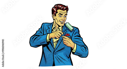 Man in blue suit using lint roller on pocket square  