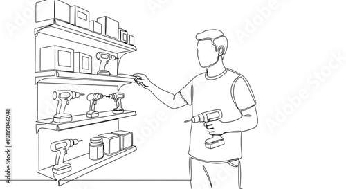 Man selecting power tools in hardware store aisle  