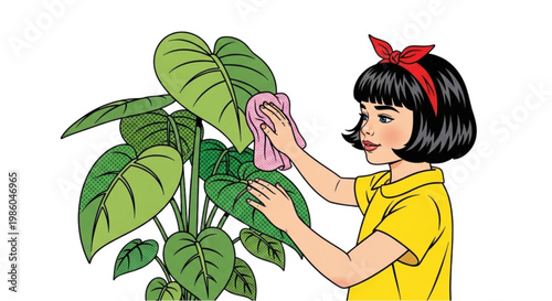 Young girl cleaning plant leaves with cloth indoors 