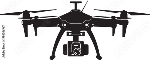 Drone, aerial, quadcopter, camera drone, vector icon, black silhouette, flying robot