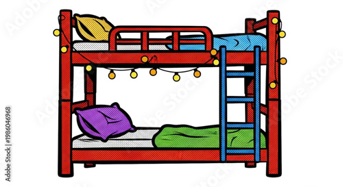 Bunk bed with colorful pillows and string lights in children's room  