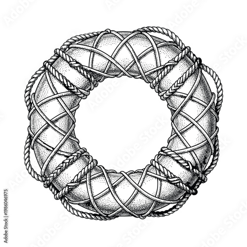 Life preserver ring vector drawing, nautical safety equipment.