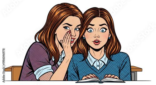 Young women whispering to each other while reading in classroom  