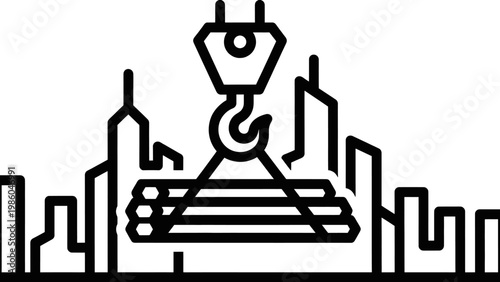 Construction Crane Hook Lifting Metal Pipes in City Skyline Outline Icon. Urban Development and Building Infrastructure Concept Illustration.