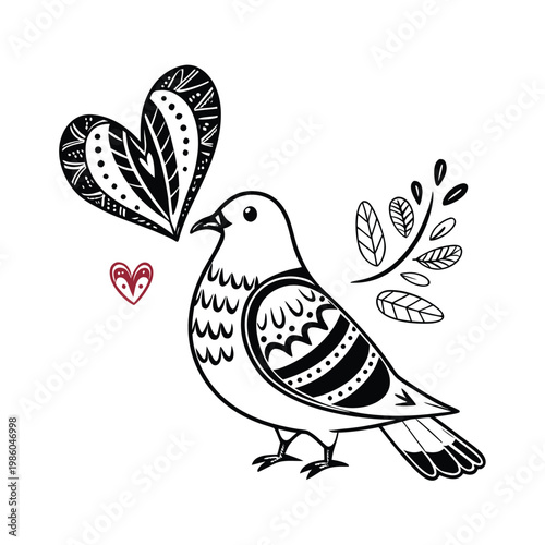 Vector dove with heart, love bird illustration, black and white, decorative, heart design elements