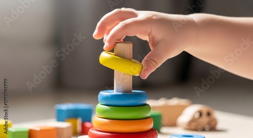 Child's hand stacking colorful wooden rings on a yellow peg for educational play and developing fine motor skills in a bright playroom setting